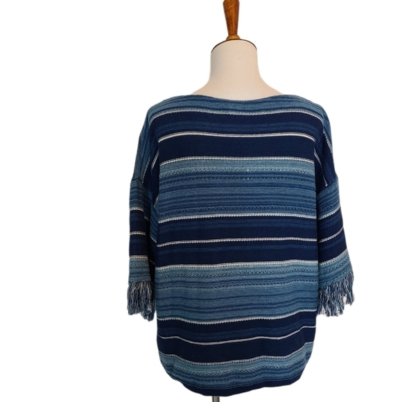 Lauren Ralph Lauren Blue Striped Scoop Neck Fringe Sleeve Knit Sweater XS NWT - Picture 3 of 8